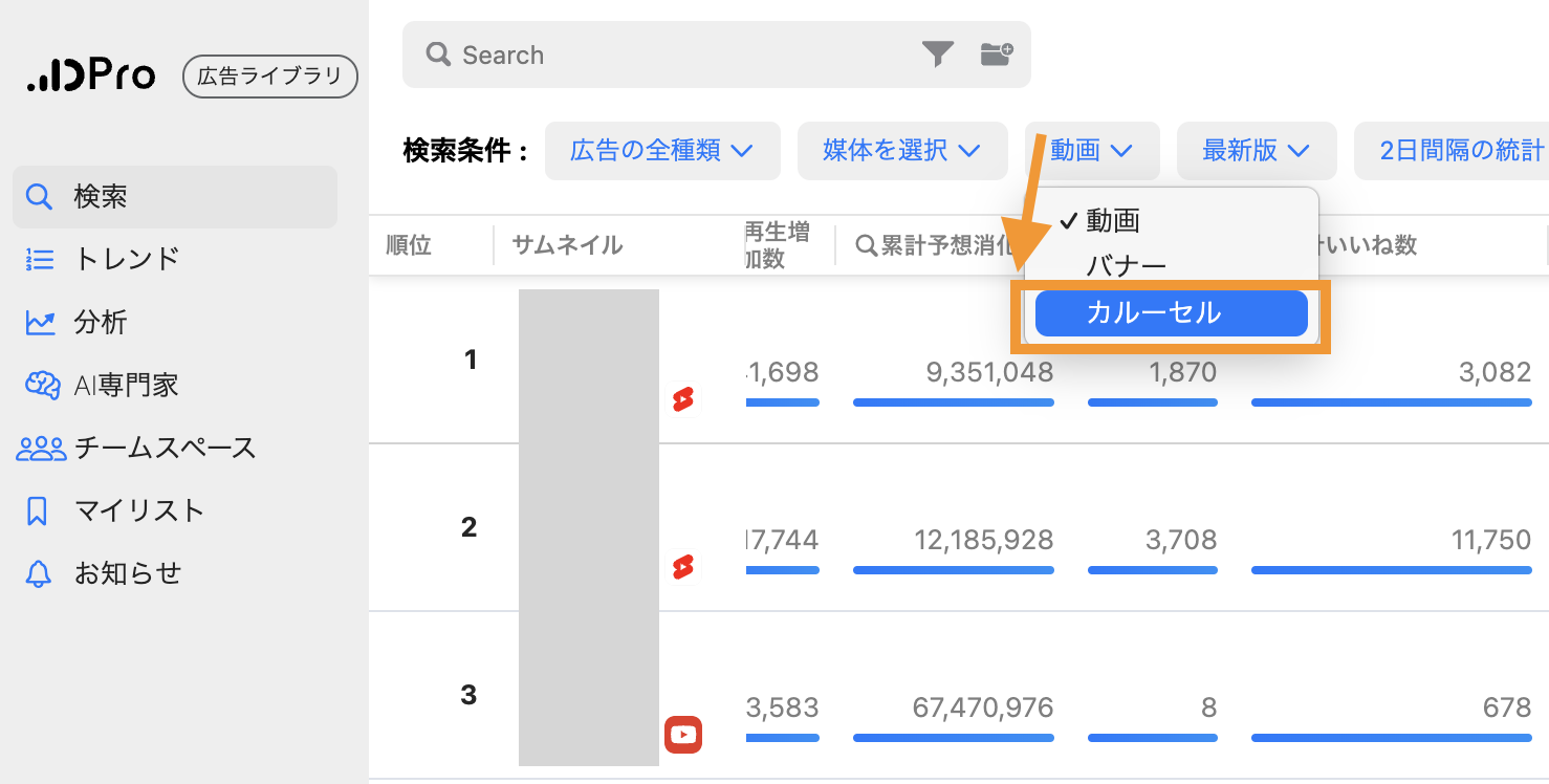 動画広告分析Pro カルーセル]広告を表示する方法